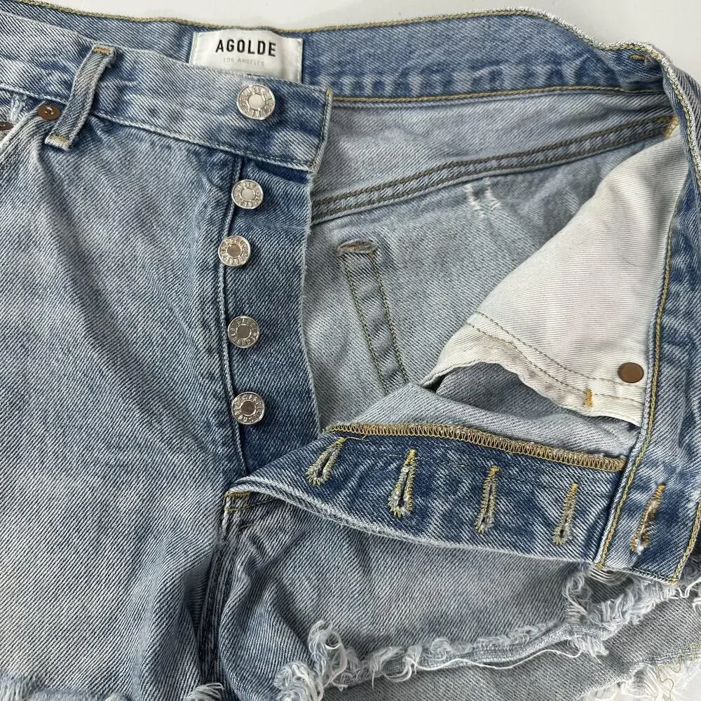 AGOLDE Parker Shorts Womens 28‎ Distressed Denim High Rise Button Fly Raw Hem
